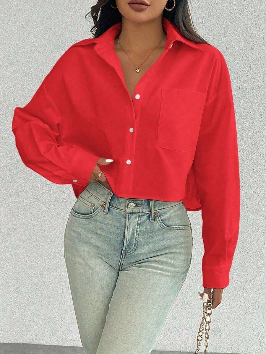 Camisa casual de manga larga con bolsillo, de ajuste suelto y hombros caídos, de unicolor, para primavera/verano, Top de manga larga - Rojo - Ver 1