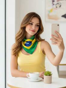Women's Multifunctional Scarf With Brazilian Flag Print, Soft Satin | 90x90cm | Look - màu xanh lá - Xem 4