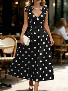 Vestido elegante de mujer con decoración de lazo a lunares para fiestas navideñas y de Año Nuevo - Negro - Ver 1