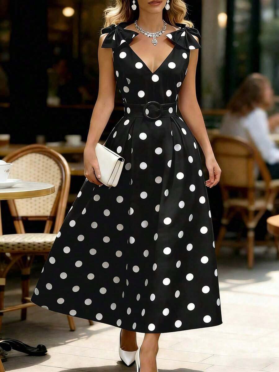 Vestido elegante de mujer con decoración de lazo a lunares para fiestas navideñas y de Año Nuevo - Negro - Ver 1