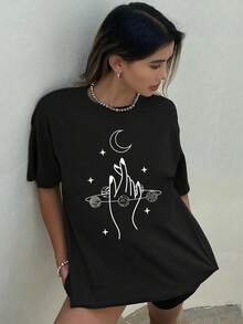 1 Piece 180g Women's T-Shirt, Men's Casual Cotton Crew Neck T-Shirt. Women's Sports T-Shirt. Designed By Y2K Artists In The Bababask Style, Made From 100% Pure Cotton. Creative Cartoon Pattern Design, Comfortable Short Sleeves - 黑色8 - 查看 6