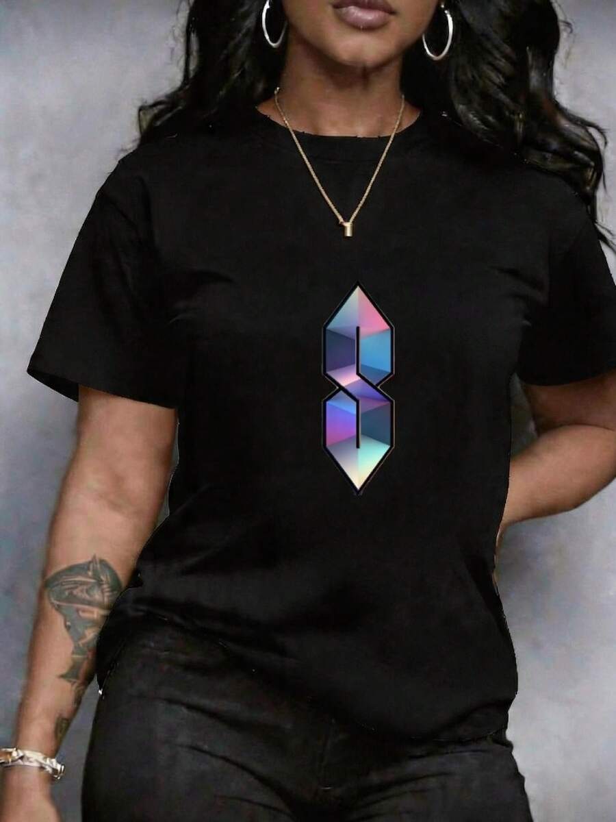 Women's T-Shirt With Heart Print And Floral Design, Geometric Figure And Letter Symbol, Comfortable Round Neck, Available In Plus Sizes And Large Size, Casual Sporty Style For Leisure, Breathable Casual Garment That Absorbs Sweat, Quick Drying And High Quality, Summer Clothes For Summer. - 黑色 - 查看 1