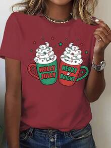 (001 # ) Camiseta de mujer de cuello redondo, camiseta de manga corta con estampado temático de Navidad, top casual de vacaciones con divertido patrón de taza - Negro - Ver 8
