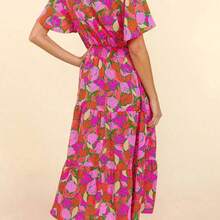 Bohemian Style Rose Print Short Sleeve Low Waist Dress Pink Vacation Summer Elegant - Rosa - Ver 3