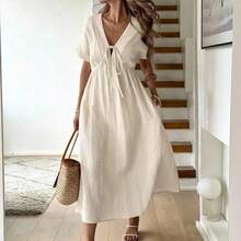 Apricot Bowknot Casual Midi Dress For Women Baby Blue Dress,Sun Dresses For Women Work Summer Dresses,Shirt Dresses For Women - Albaricoque - Ver 2