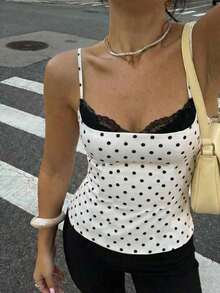 Elegante y romántica blusa de mujer con encaje negro y lunares blancos y negros, versátil para vacaciones, elegante y casual camiseta de tirantes con encaje de lunares para primavera y verano, corsé de lunares, para mujer en primavera, vacaciones de primavera, Día de San Valentín, elegante top de fiesta, top de lunares - Blanco y Negro - Ver 9