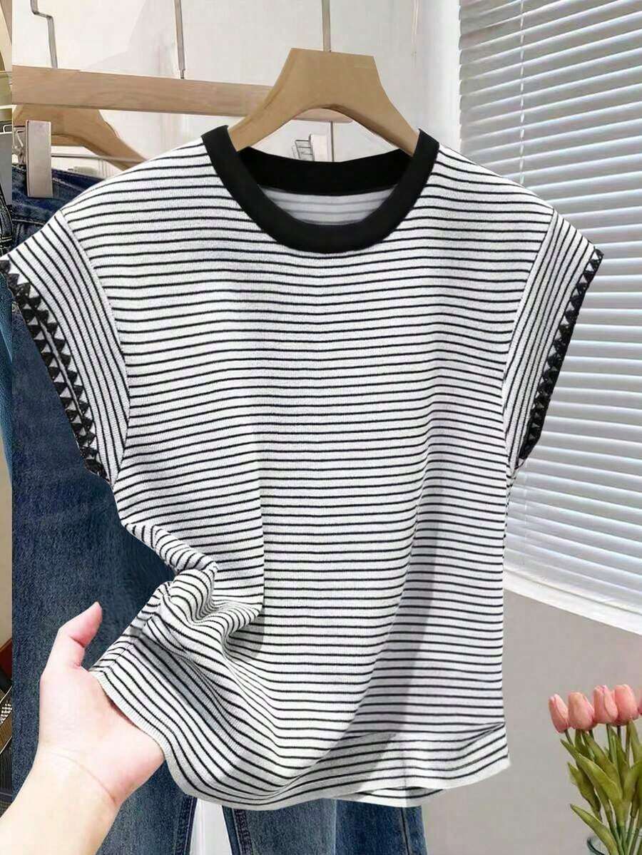 Nueva camiseta de manga corta con bloques de color y rayas, ropa de primavera/verano - Multicolor 2 - Ver 1