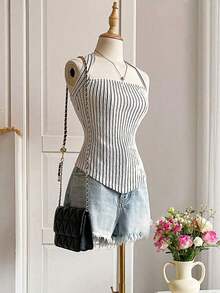 Top halter de mujer de rayas del estilo Y2K para el verano - Blanco y Negro 2 - Ver 5