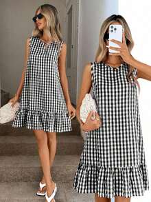 Vestido de verano estilo bohemio con cuello redondo sin mangas y corte evasé a dos colores a cuadros, vestido esencial para vacaciones y uso diario al aire libre - Blanco y Negro - Ver 8