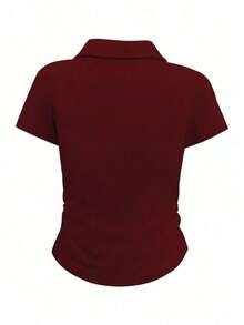 Camiseta de manga corta minimalista de unicolor para mujer, uso casual de todos los días - Burdeos - Ver 2