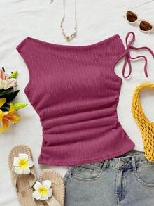 Blusa de punto con textura de burbujas de color albaricoque, cuello asimétrico con lazo en la cintura, ajuste ceñido, adecuada para fiesta, cita, paseo por la ciudad, viaje por carretera, playa de verano - Rosa Fucsia - Ver 8