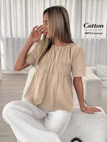 Camisa casual de mujer de unicolor, cuello redondo, manga corta y plisada - Caqui - Ver 5