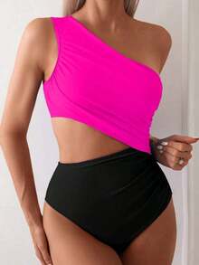 Swim 1 pieza Traje de baño de una pieza para mujer con diseño calado y fruncido en color liso - Multicolor - Ver 4