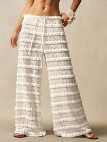 Ropa de abrigo de estilo bohemio para otoño/invierno, pantalones anchos de cintura alta con volantes de encaje de unicolor de estilo casual de vacaciones para mujeres, casual para playa, vacaciones, estilo country occidental, conciertos, adecuado para vacaciones, uso diario, regreso a la escuela, Halloween, Navidad - Blanco - Ver 2