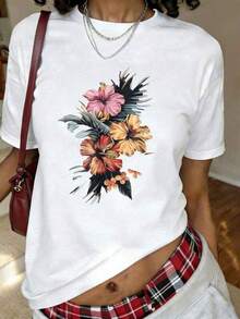 Camiseta con estampado floral tropical de flores de hibisco, diseño botánico exótico, de manga corta y cuello redondo, informal para verano y primavera, ropa de mujer talla grande - Blanco - Ver 2