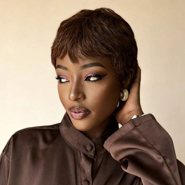 Women's Elegant 4# Brown Pixie Cut Human Hair Wig With Bangs Elastic Net Short Layered Straight Bob (Machine-Made) 150% Density For Daily & Party & Holiday Wear