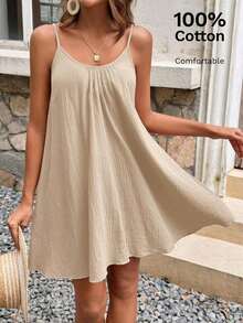 Vestido de verano de algodón de unicolor con tirantes finos tipo musculosa, estilo vacacional para mujer - Albaricoque - Ver 1