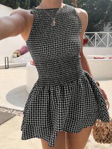 Unity Vestido mini ajustado sin mangas a cuadros azules, estilo francés dulce para vacaciones, primavera/verano - Multicolor - Ver 8