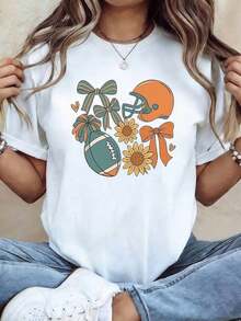 Tallas Grandes - Conjuntos de Tallas Grandes para una Estética Dulce y Cool, con un Diseño Cálido en Bloques de Color Naranja, con Estampados de Rugby y Lazos. Esta Camiseta Casual de Mujer de Talla Grande con Cuello Redondo es Perfecta para el Uso Diario, Compras, Fiestas y Desplazamientos - Multicolor - Ver 8
