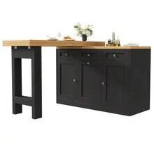 Extendable Bar Table With Storage, Folding Dining Table With Drawer And Snack Shelf, Sliding Bin Holder (Bin Not Included), Space-Saving Design Ideal For Small Apartments And Kitchens, White - 黑色 - 查看 1