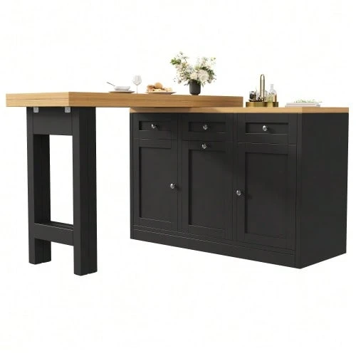 Extendable Bar Table With Storage, Folding Dining Table With Drawer And Snack Shelf, Sliding Bin Holder (Bin Not Included), Space-Saving Design Ideal For Small Apartments And Kitchens, White - 黑色 - 查看 1
