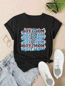 Camiseta Casual de Manga Corta para Mujer - Diseño "Boy Mom" con Rayo y Texto Colorido, Cuello Redondo, Top de Verano, Lavable a Máquina, Camisetas para Damas, Ropa Casual, Estilo Moderno, Ajuste Cómodo  
 Negro - Negro - Ver 2