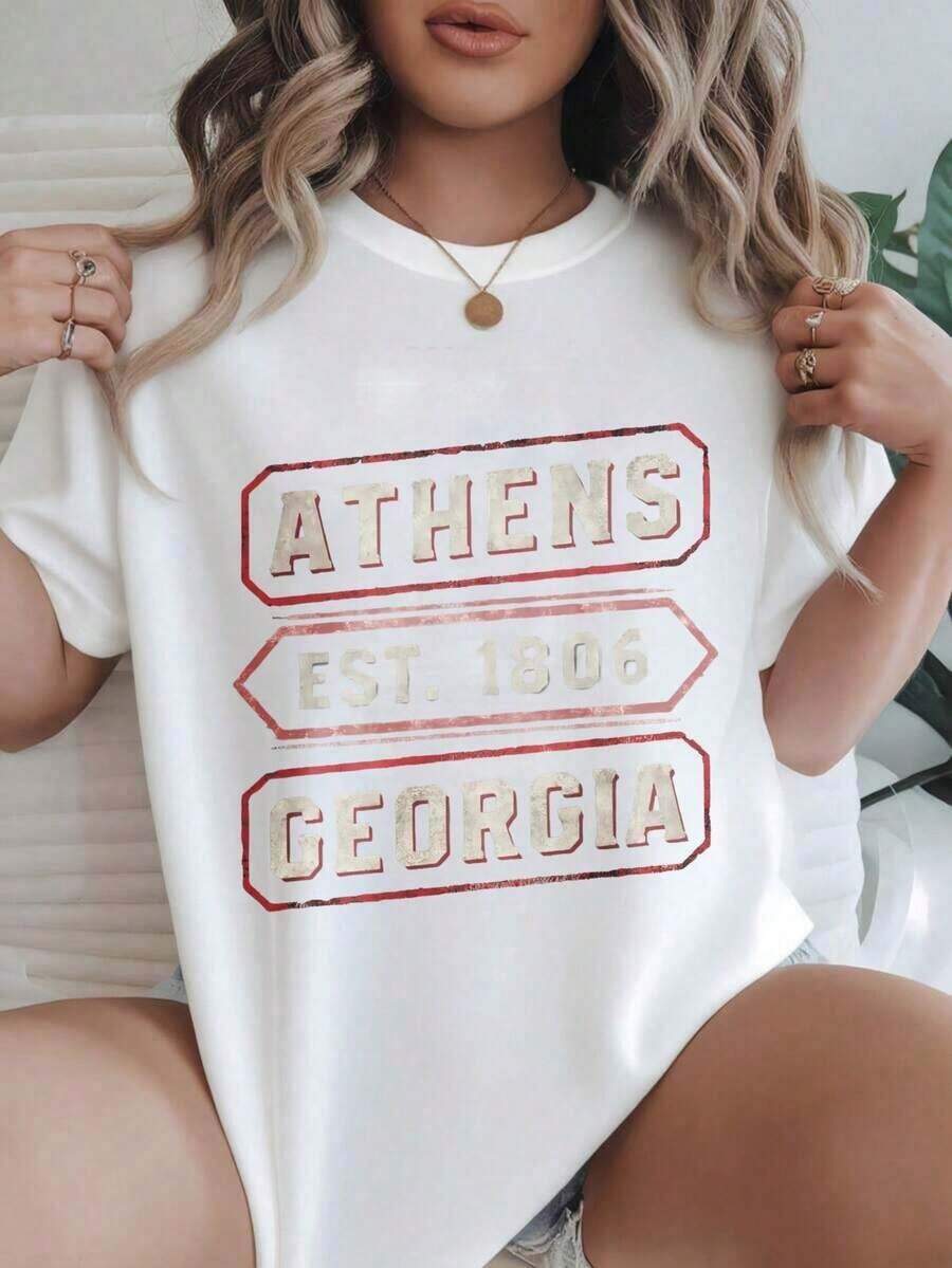 Camiseta Casual Estampada de Moda para Mujer Athens Est 1806 Georgia, Adecuada para Todas las Temporadas
-Blanco - Blanco - Ver 1
