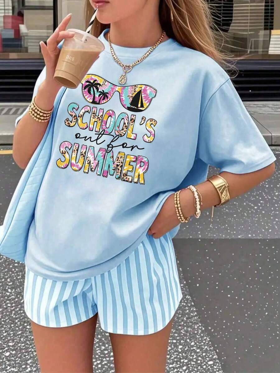 Women's Light Blue Summer Oversized T-Shirt With Lobster Plaid Print. Casual Light Blue Short-Sleeved T-Shirt With Lobster Print, Fresh And Coastal Style. - YH466-藍色 - 查看 1