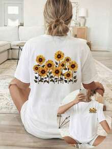 Camiseta de Mujer con Estampado de Girasoles de Doble Cara - Blusa de Manga Corta con Cuello Redondo - Adecuada para Uso Casual en Todas las Temporadas, Tejido Transpirable Lavable a Máquina con Diseño de Campo de Girasoles, Top No Opaco para Usar en Capas (Sin Modificación de Estilo) Camiseta de Algodón Antiarrugas Transpirable y Cómoda - Blanco - Ver 10