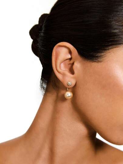 1 Pair Elegant Korean Champagne Pearl & Rhinestone Stud Earrings, Suitable For Daily Outfit And Party Accessories