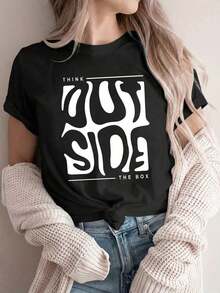 1pcY2K Women's Summer Top, Cute And Fun. THINK OUTSIDE THE BOX, Wave Art Font, Creative Minimalist Style, Women's T-Shirt With Cartoon Letter Print. Suitable For Various Occasions, Such As A Gift For Festivals, Birthdays, Music Festivals, Casual Wear, Versatile And Comfortable, For Beach Vacations, Simple And Fashionable, Suitable For Everyday Wear For Women And Girls. 100% Cotton. - 黑色 - 查看 7