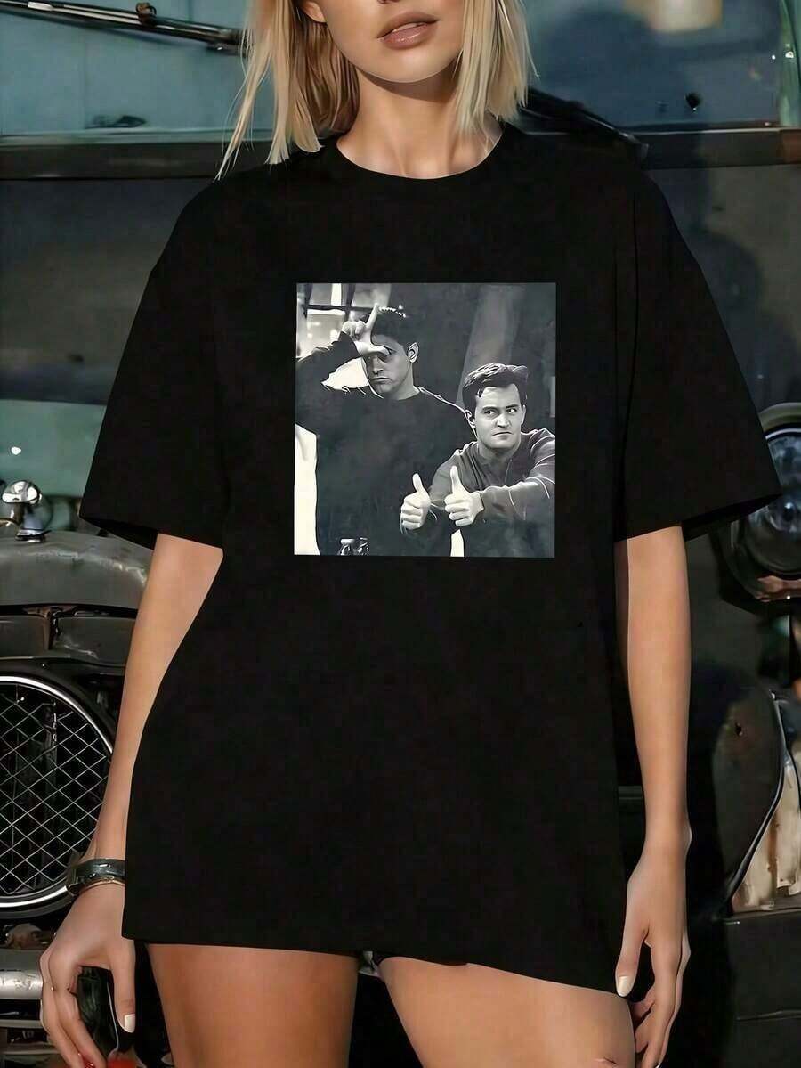 playeras de algodón mujer 1pscCamiseta de manga corta con estampado de moda diaria para mujer, camiseta gráfica casual de cuello redondo, tops de verano ligeros y suaves, ropa de calle versátil de algodón para mujer.100%cotton ropa de mujer Daily home top - Negro - Ver 1