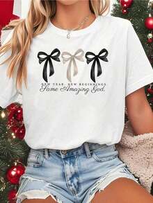 playeras de algodón mujer 1pscCamisetas de verano para mujer, camiseta con estampado de lazo de Año Nuevo, inspiración WOS, cuello redondo, blanca, ligera para primavera y verano, diseño casual de fantasía para vacaciones con frases icónicas, cómoda, 100% algodón, camiseta divertida, casual, éxito de . 100%cotton ropa de mujer Daily home top - Blanco - Ver 6