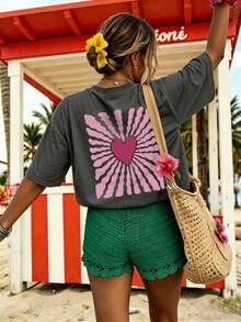 Camiseta de manga corta con cuello redondo y estampado de corazones y rayas.Camiseta de manga corta con cuello redondo, estilo casual y minimalista para mujer, con un diseño lindo, corte holgado, ideal para uso diario y vacaciones.Verano - Gris Oscuro - Ver 5