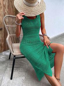 Vestido de punto con lazo en la cintura, casual de vacaciones, primavera/verano, unicolor, cuello redondo, sin mangas, con abertura, corto, ajustado, de vuelta al colegio, otoño, vestimenta digna para mujeres, vestido largo de fiesta de otoño para la playa - Verde - Ver 7