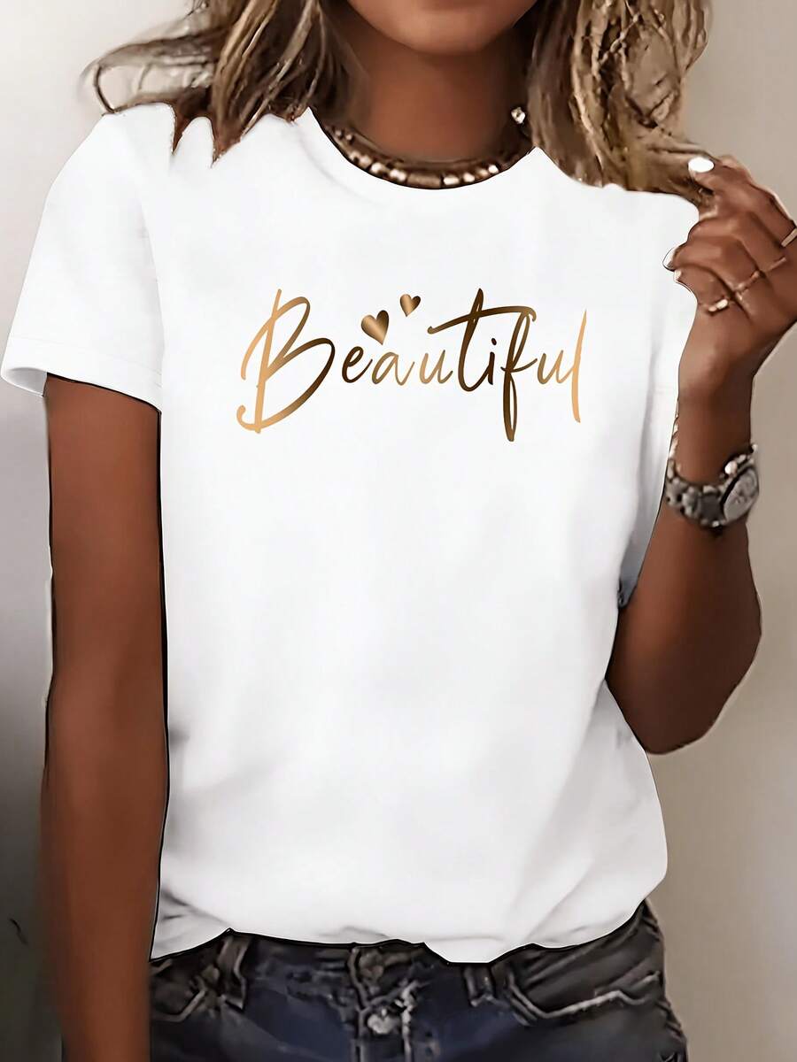 Camiseta Elegante de Cuello Redondo de  con Letras para Mujer - Primavera/Verano
