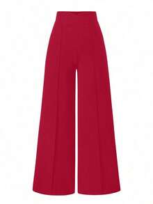 Pantalones anchos de cintura alta de unicolor de uso casual para mujeres - Rojo - Ver 9