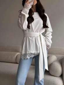 New Women's Solid Color Lace Patchwork Long Sleeve Top, Summer New Arrival, Daily Commute, Holiday, Elegant And Graceful White - White - View 5