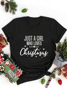 1 pieza de camiseta navideña negra para mujer con el eslogan "Love Christmas People" y estampado de copos de nieve. |   Camiseta Casual de Manga Corta con Cuello Redondo, Letras Cursivas Blancas, Atuendo para Fiestas, Ropa para Primavera y Verano, Lavable a Máquina - INFASHULE 100% algodón - Negro - Ver 7