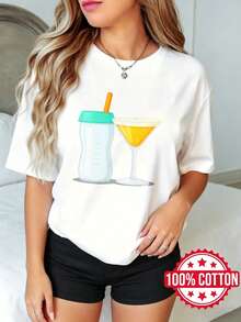 Camiseta de manga corta y cuello redondo con estampado, casual para mujer en verano Biberón y copa de cóctel S-3XL 100% aodón material transpirable - Blanco - Ver 2