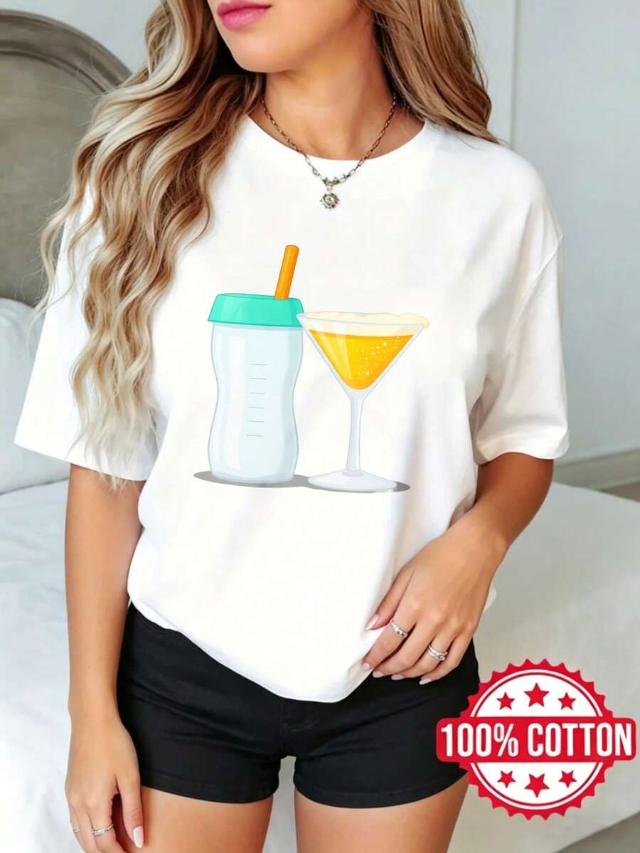 Camiseta de manga corta y cuello redondo con estampado, casual para mujer en verano Biberón y copa de cóctel S-3XL 100% aodón material transpirable