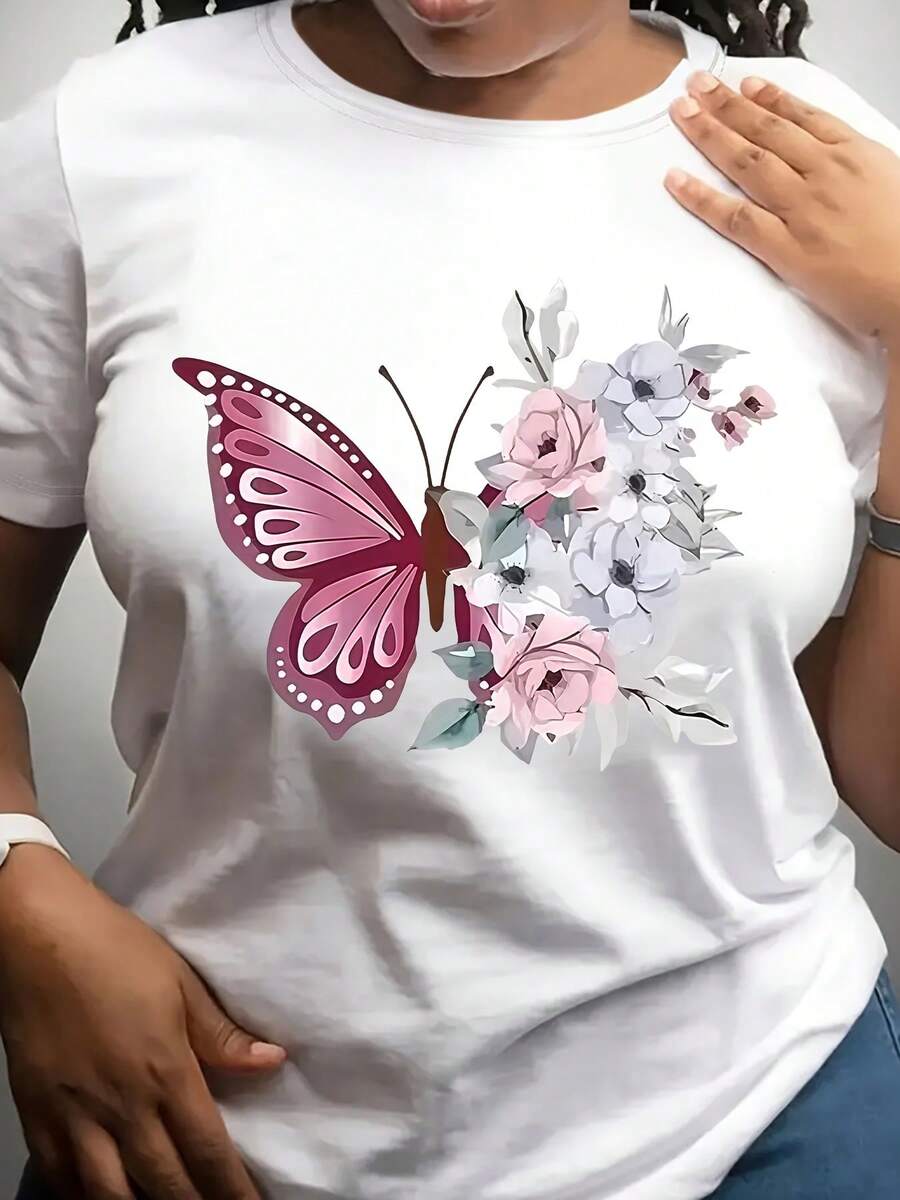 Camiseta de mujer moderna, informal, para fiestas y para estar en casa, 100% algodón, corte holgado. Camiseta de Mujer Blanca Casual con Estampado de Mariposas y Flores, Cuello Redondo - Cor - Blanco - Ver 1