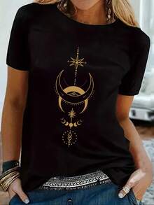 Women's Modern, Casual T-Shirt, Perfect For Parties And Lounging At Home. 100% Cotton, Loose Fit. Mystical Wind, Moon, And Star Printed Short-Sleeve Round-Neck T-Shirt. 100% Cotton - 黑色 - 查看 7