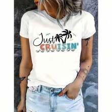 1 pieza de camiseta multifuncional con estampado de letras, de manga corta y cuello redondo, estilo casual, adecuada para la primavera y el verano de las mujeres, 100% algodón. - Blanco - Ver 6