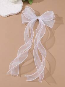 1pc Elegant White Mesh Bow Rhinestone Heart Butterfly Decor Long Ribbon Hair Clip, Suitable For Daily, Wedding, Party, Prom - White - View 2