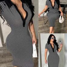Women's Casual Minimalist Fashion Commuter Style Short Sleeve Black & White Striped Polo Dress, Knit High Stretch Fitted Mid-Length Dress, French Elegant Dress V Neck Striped Dress Striped Bodycon Dress Curve Casual Dress V Neck Dresses Women Bodycon Summer Dress - Azul y blanco - Ver 8