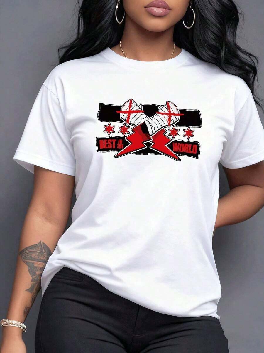 Poderoso estampado de manos vendadas con cruces rojas que evocan la fuerza inquebrantable y el espíritu luchador Rayos vibrantes y estrellas rodean la frase BEST IN WORLD simbolizando la victoria la excelencia y la determinación feroz de la mujer moderna Camiseta de mujer% algodón-Vintage Street Style Unisex Loose Cotton Short Sleeve Crew Neck-Shirt - Blanco - Ver 1