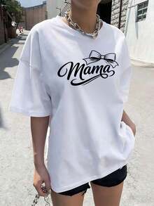Women's Loose Fit White T-Shirt With "Mama" Print And Bow, Short Sleeve Round Neck, Casual Top For Mothers, Comfortable Everyday Wear And Mother's Day Gifts, Relaxed Chic Style - 白色 - 查看 1