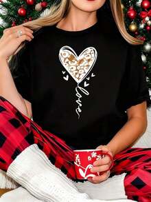 Camiseta con Estampado de Corazón y Leopardo, Regalo Navideño para Mujer, Conjunto Cálido de Invierno con Pantalones de Pijama a Cuadros Rojos y Taza, Estampado Divertido para el Día de San Valentín, Camisetas de Mujer con Cuello Redondo y Mangas Cortas, Adecuadas para Fiestas de Navidad, Actividades Deportivas, Fiestas de Vacaciones, Salidas, Citas, Deportes, Ocio Diario, Regalos Navideños. Blusa, Camisa > Hermosa. - Negro - Ver 9