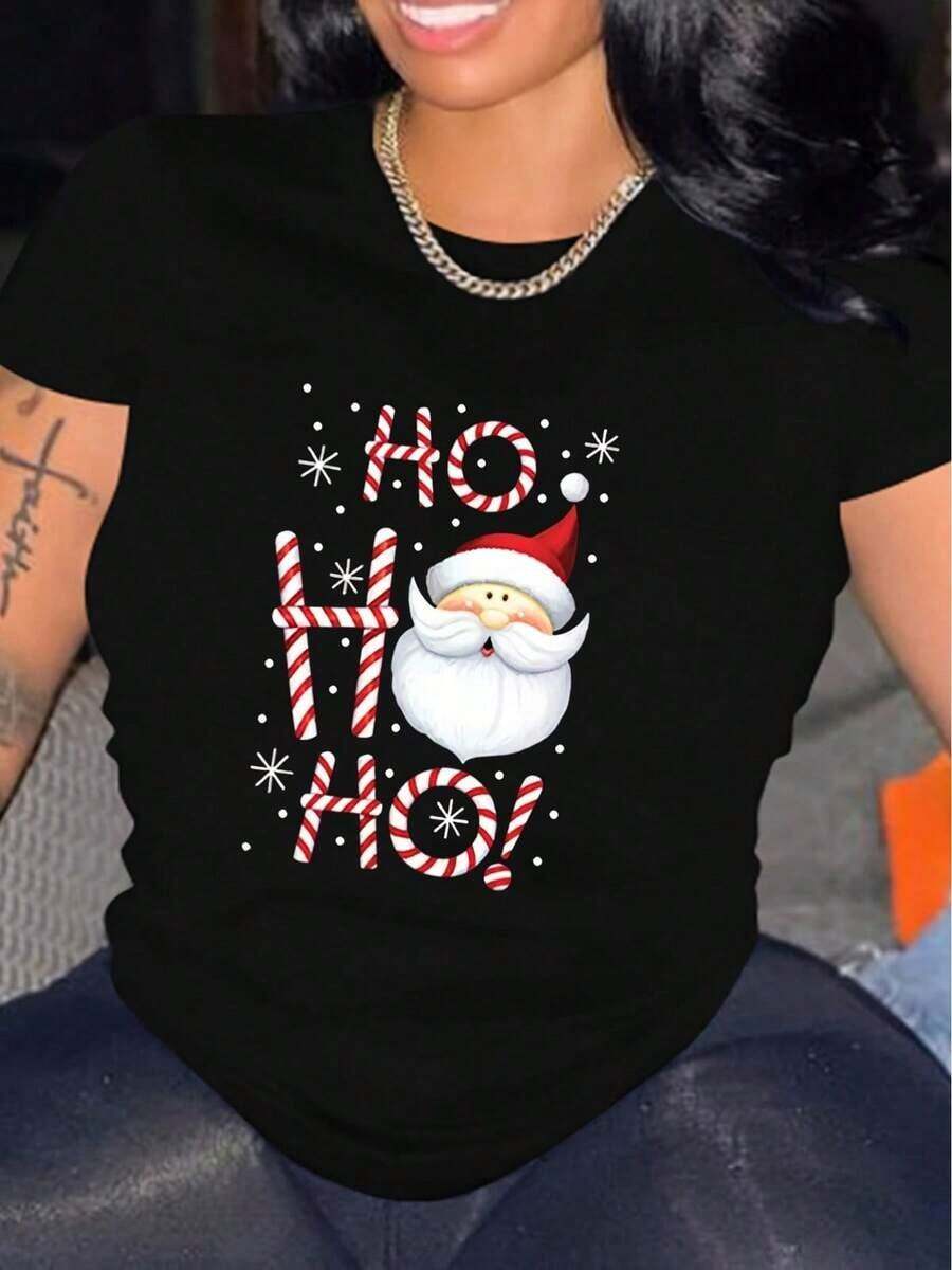 1 pieza, 100% algodón, camiseta de mujer para Navidad y verano, diseño de dibujos animados de Papá Noel HOHOHO, estampado, camiseta de manga corta para mujer WTQ4859, camiseta de algodón transpirable, combina con todo, 100% algodón. - Negro - Ver 1